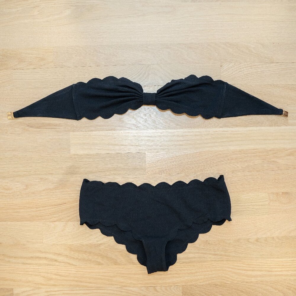 Marysia swim black scalloped bikini with gold clasp, size Medium.